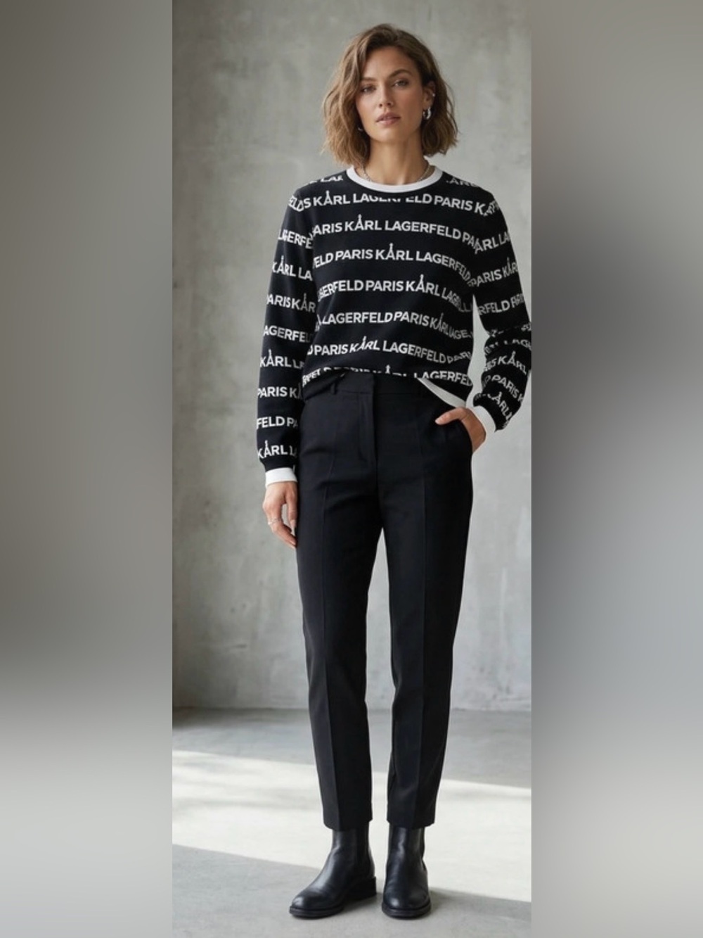 Karl Lagerfeld Paris Logo Knit Sweater Sz S B/W